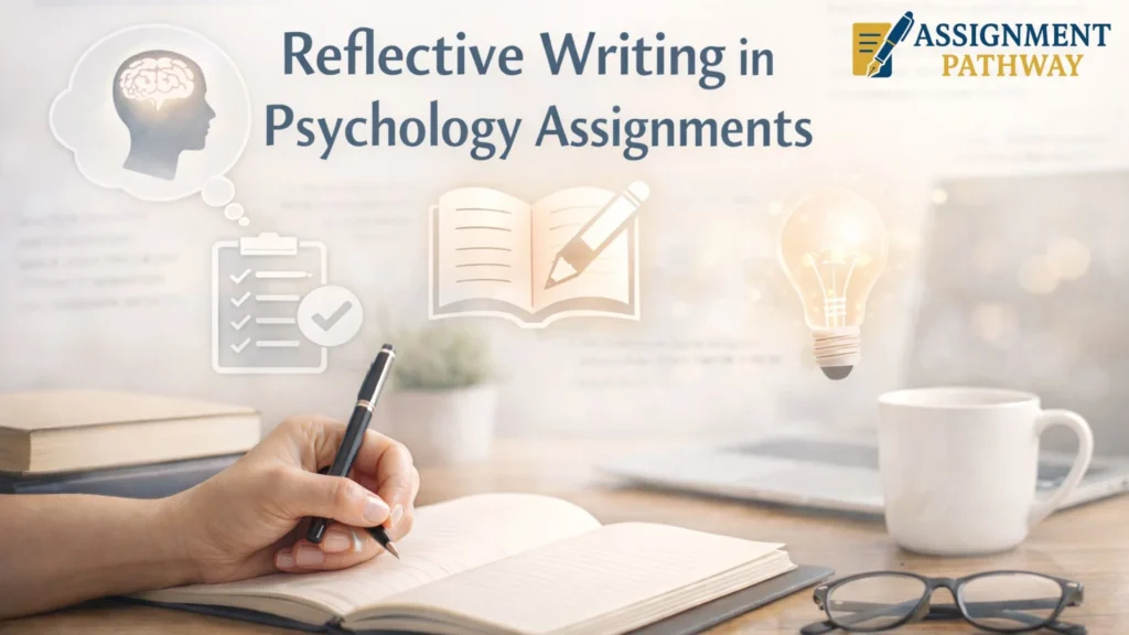 Reflective writing in psychology assignments concept with notebook, pen, and study workspace
