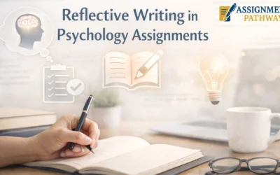 Reflective writing in psychology assignments concept with notebook, pen, and study workspace